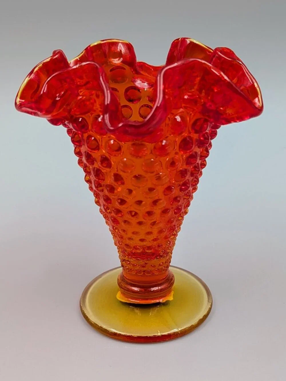 Vintage Fenton Amberina Hobnail Glass Mini Trumpet Vase  with Original Label